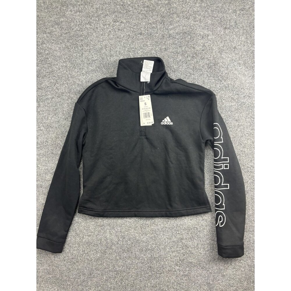 Adidas Sweatshirt‎ Womens Small Black 1/4 Zip Cropped Mock Neck Sleeve Logo
